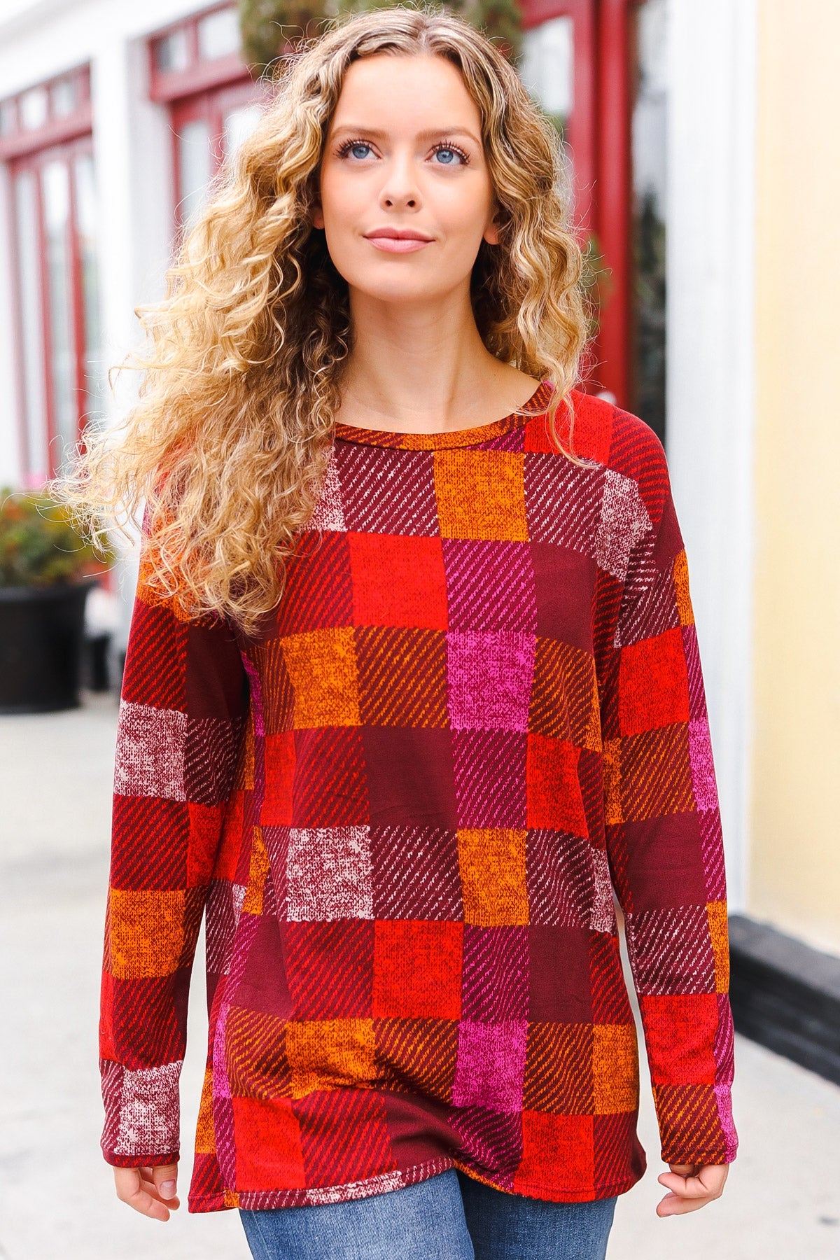 Haptics Burgundy Checker Plaid Print Hacci Knit Top