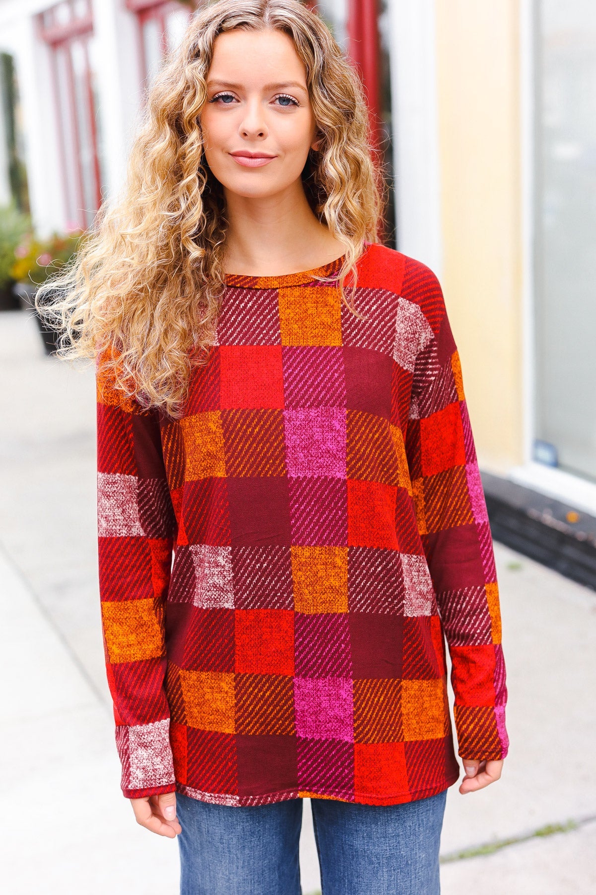 Haptics Burgundy Checker Plaid Print Hacci Knit Top