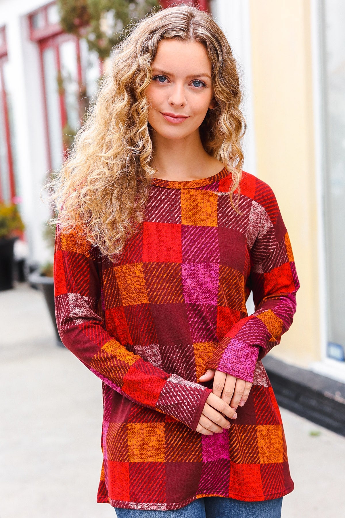 Haptics Burgundy Checker Plaid Print Hacci Knit Top