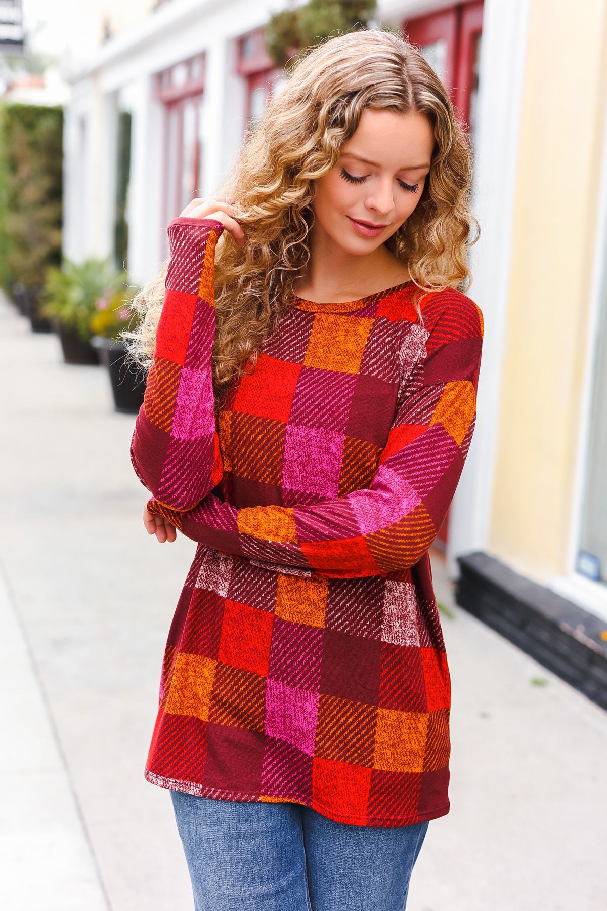 Haptics Burgundy Checker Plaid Print Hacci Knit Top