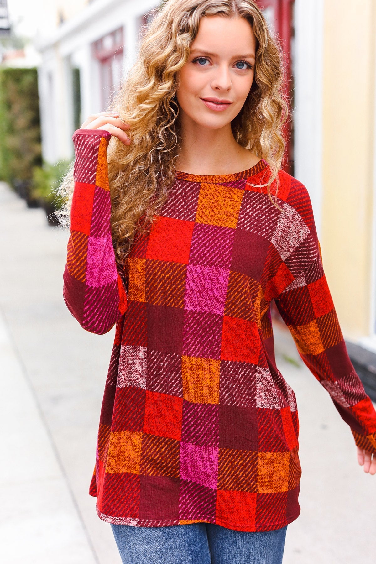 Haptics Burgundy Checker Plaid Print Hacci Knit Top