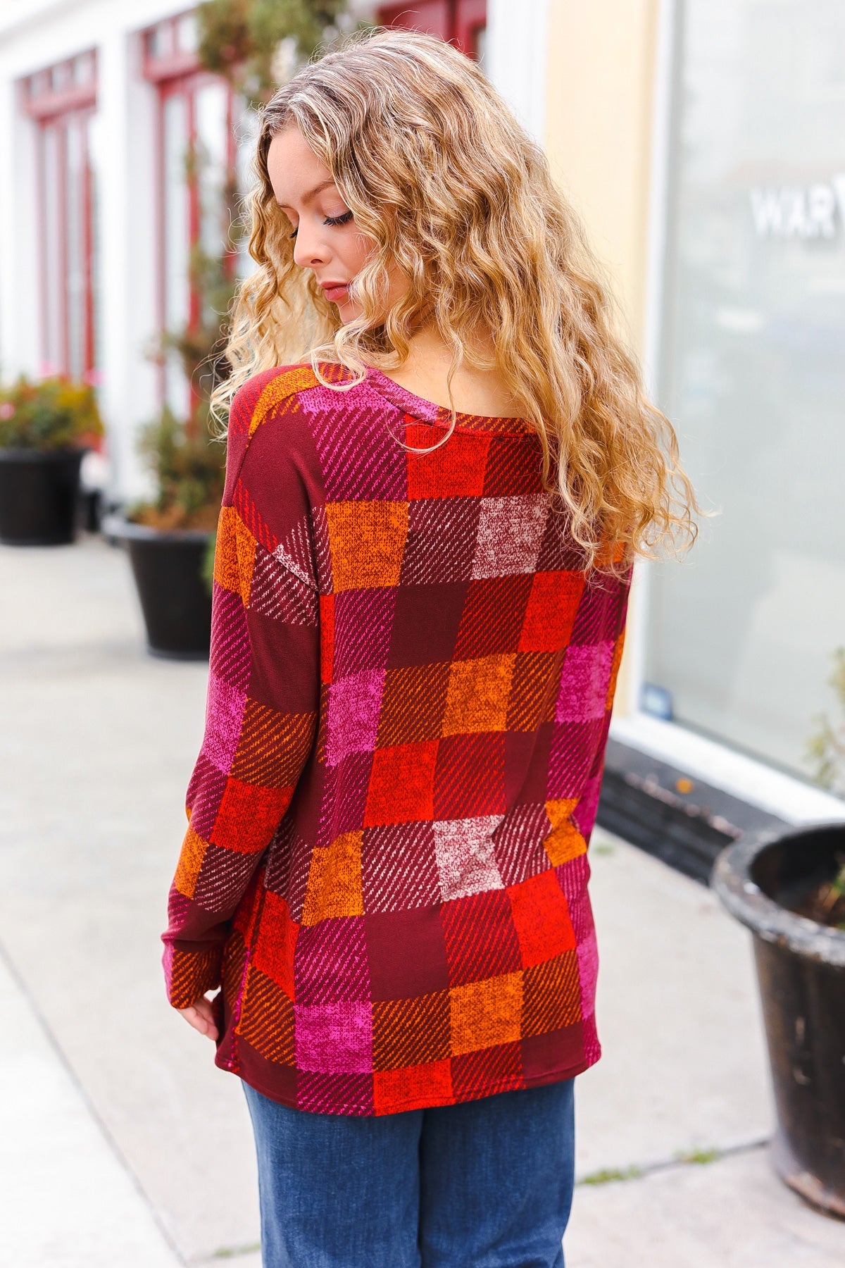 Haptics Burgundy Checker Plaid Print Hacci Knit Top