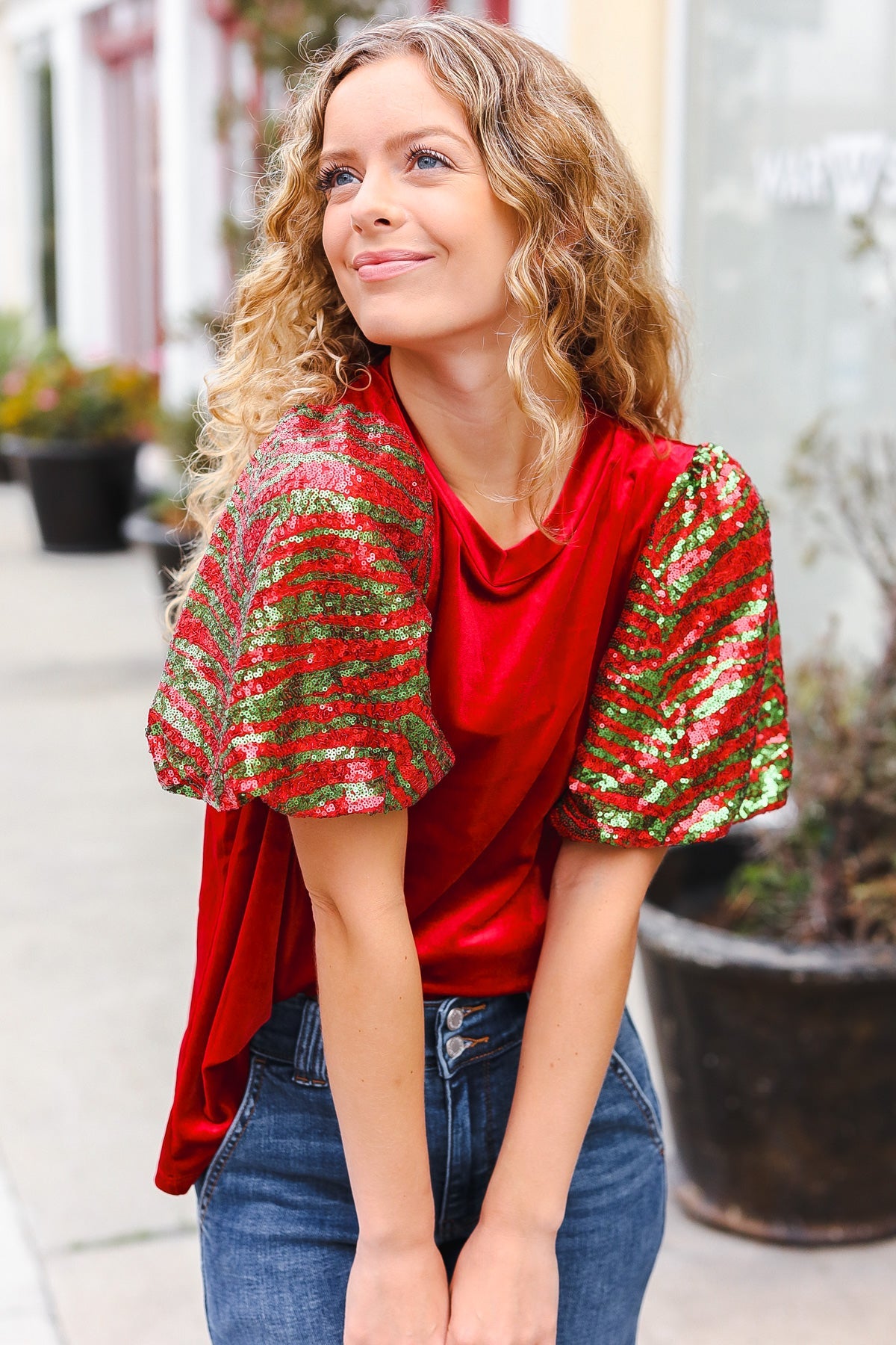 Haptics Red & Green Sequin Puff Sleeve Velvet Top