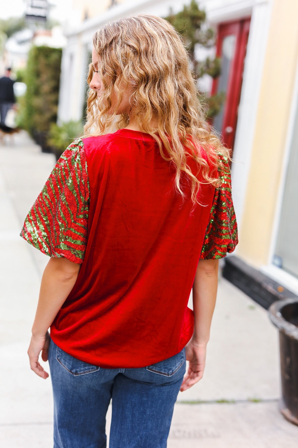 Haptics Red & Green Sequin Puff Sleeve Velvet Top