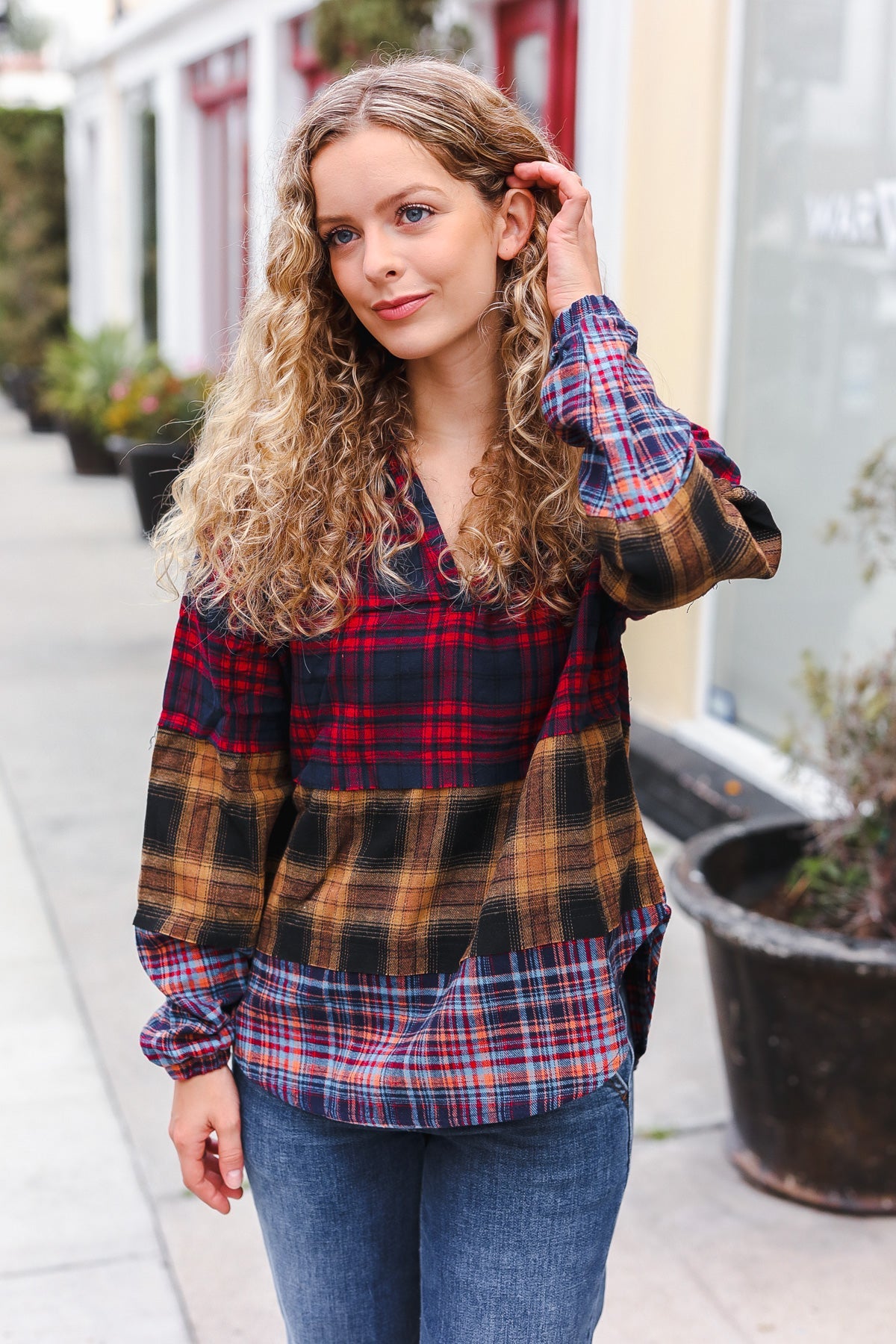 Haptics Red & Mustard Plaid Notched Neck Flannel Hoodie