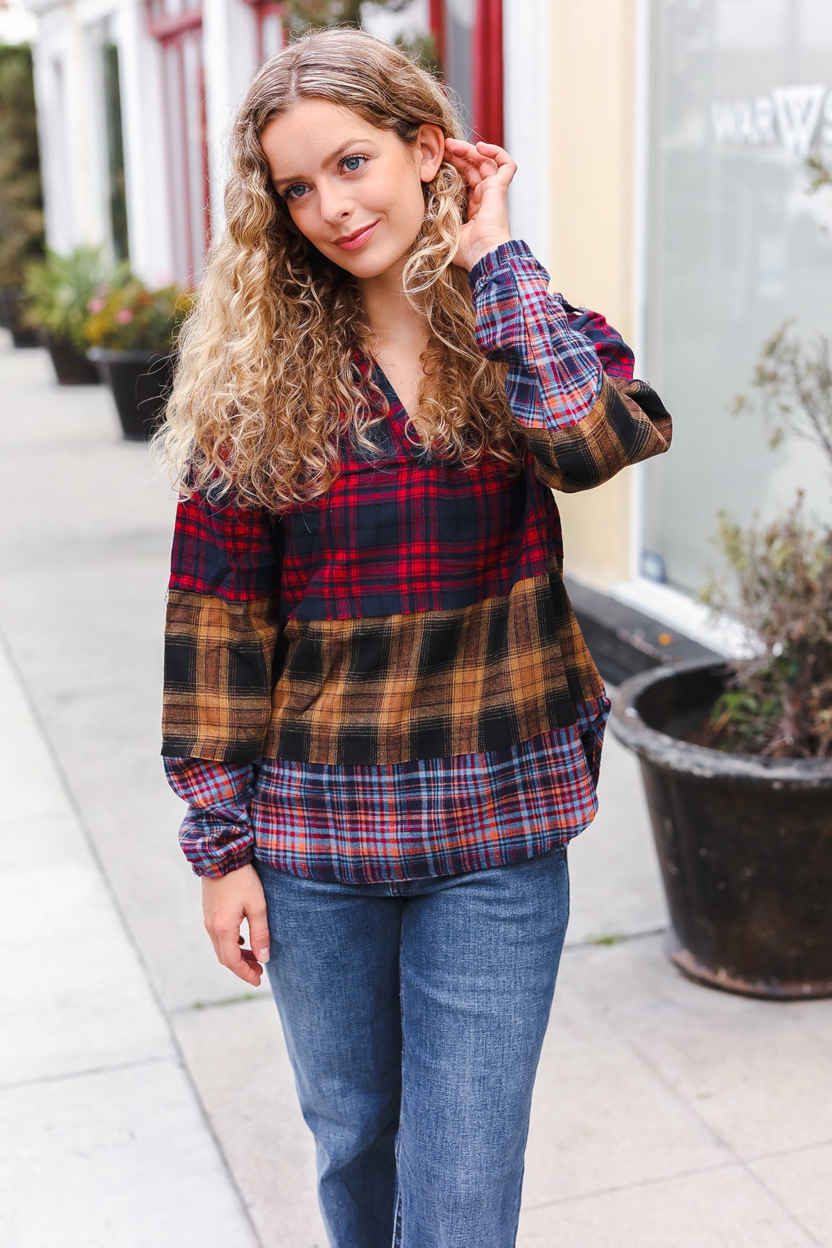 Haptics Red & Mustard Plaid Notched Neck Flannel Hoodie