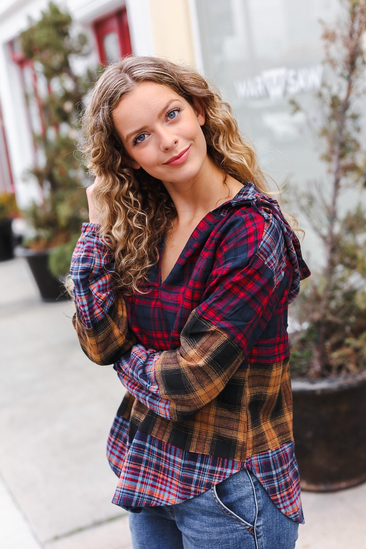 Haptics Red & Mustard Plaid Notched Neck Flannel Hoodie