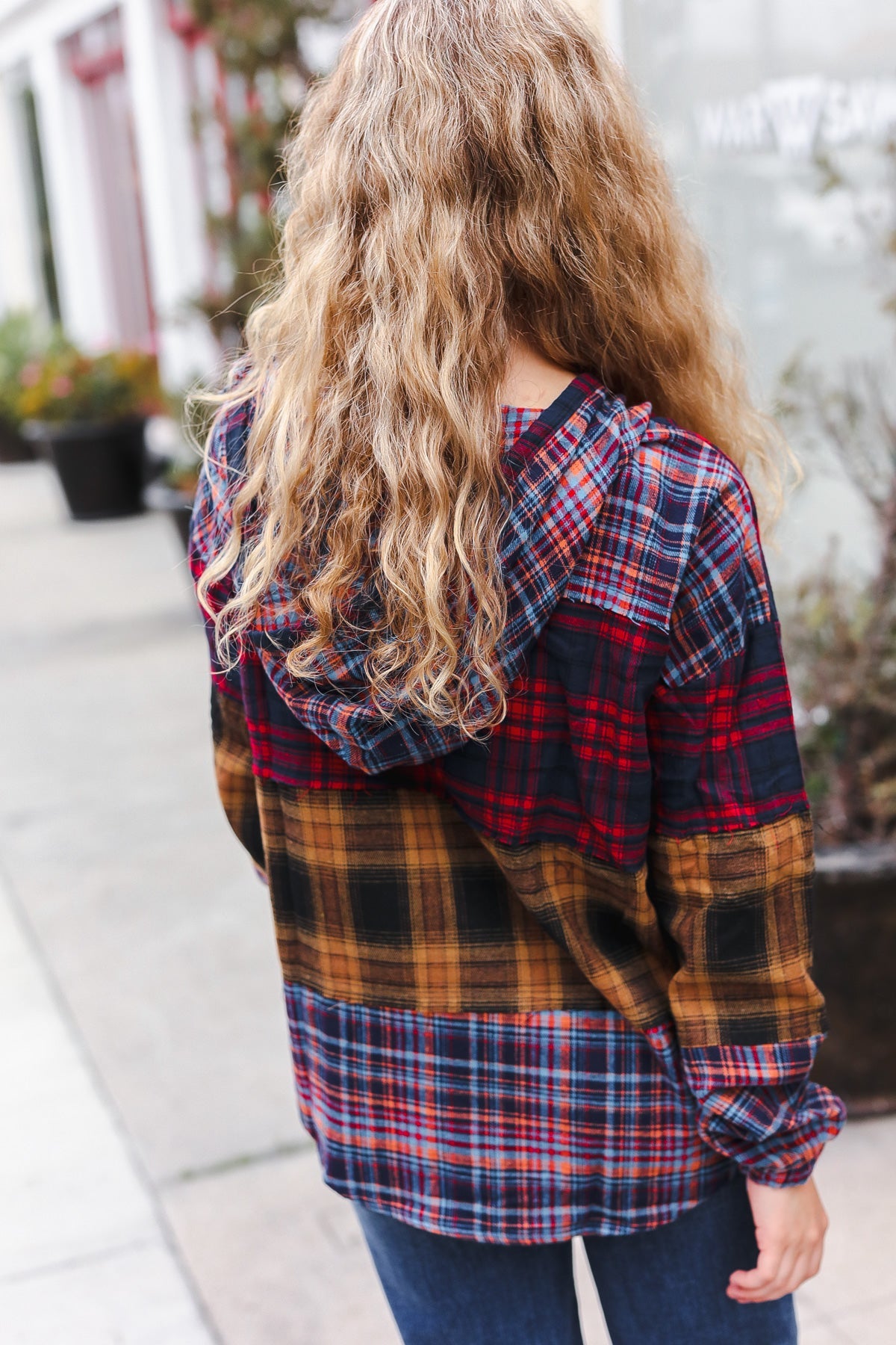 Haptics Red & Mustard Plaid Notched Neck Flannel Hoodie