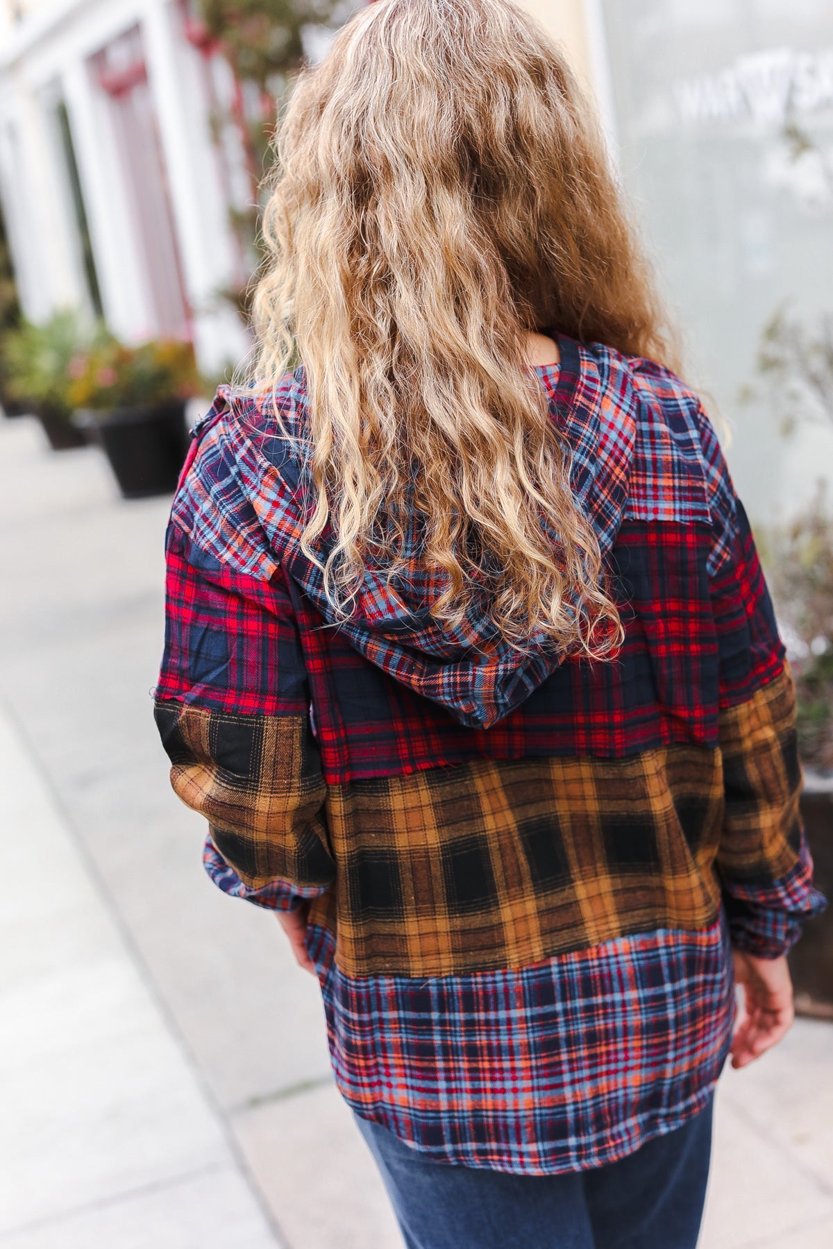 Haptics Red & Mustard Plaid Notched Neck Flannel Hoodie