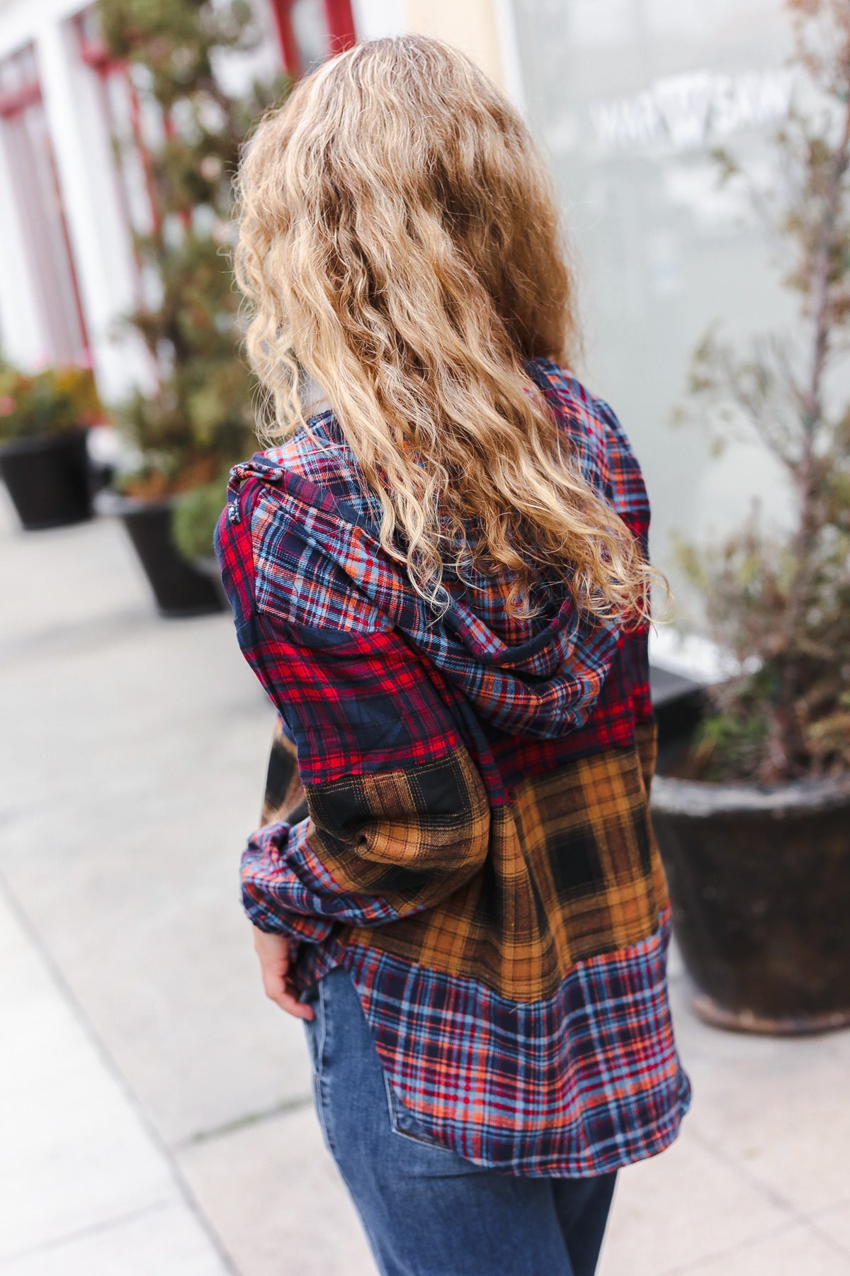 Haptics Red & Mustard Plaid Notched Neck Flannel Hoodie