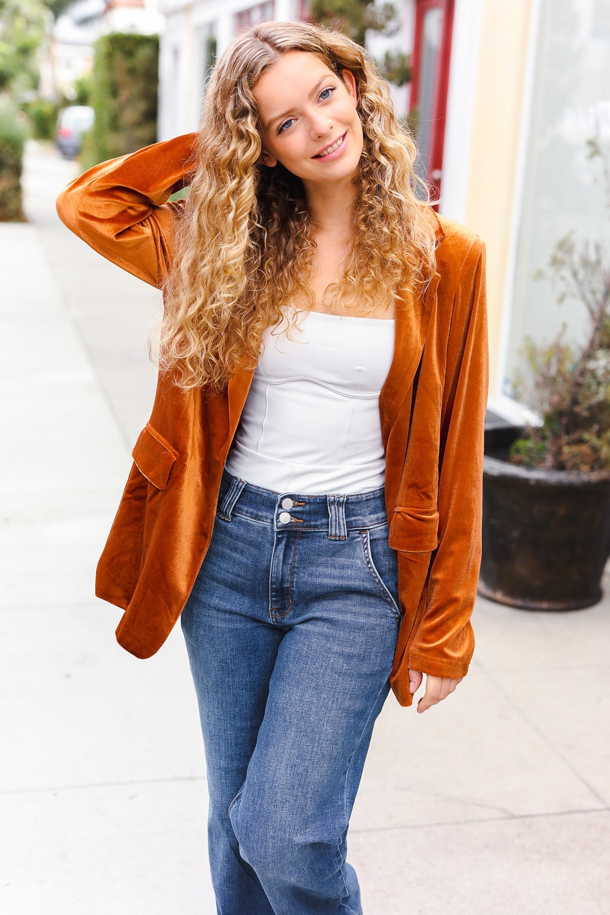 Holiday Stunner Rust Velvet Lapel Blazer