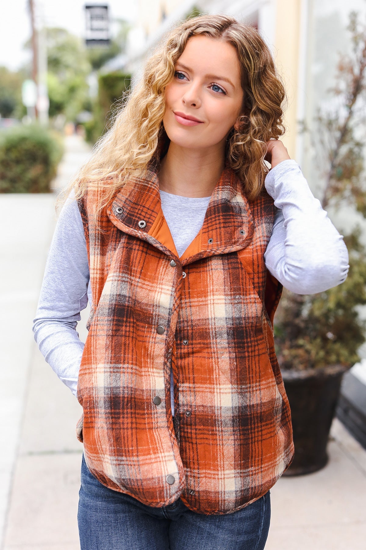 Haptics Rust Taupe Plaid Snap Button Quilted Puffer Vest