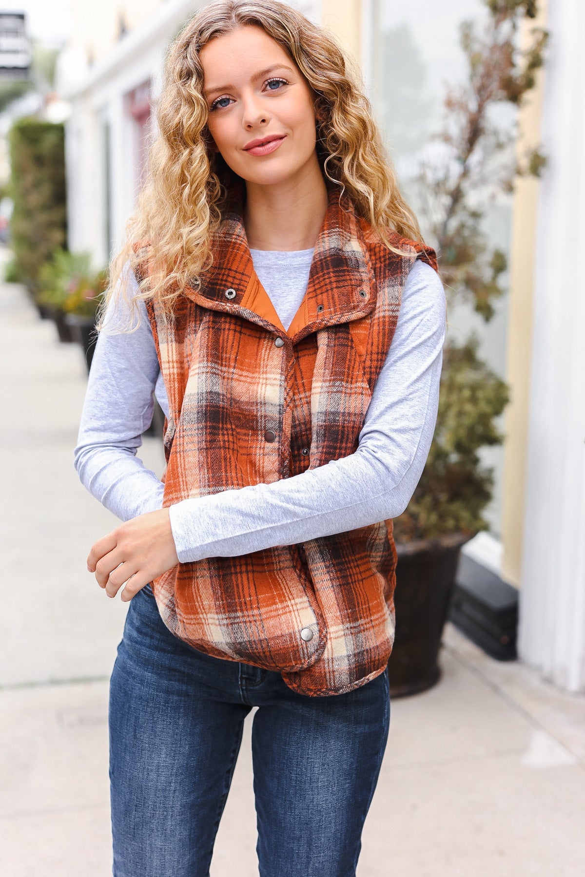 Haptics Rust Taupe Plaid Snap Button Quilted Puffer Vest