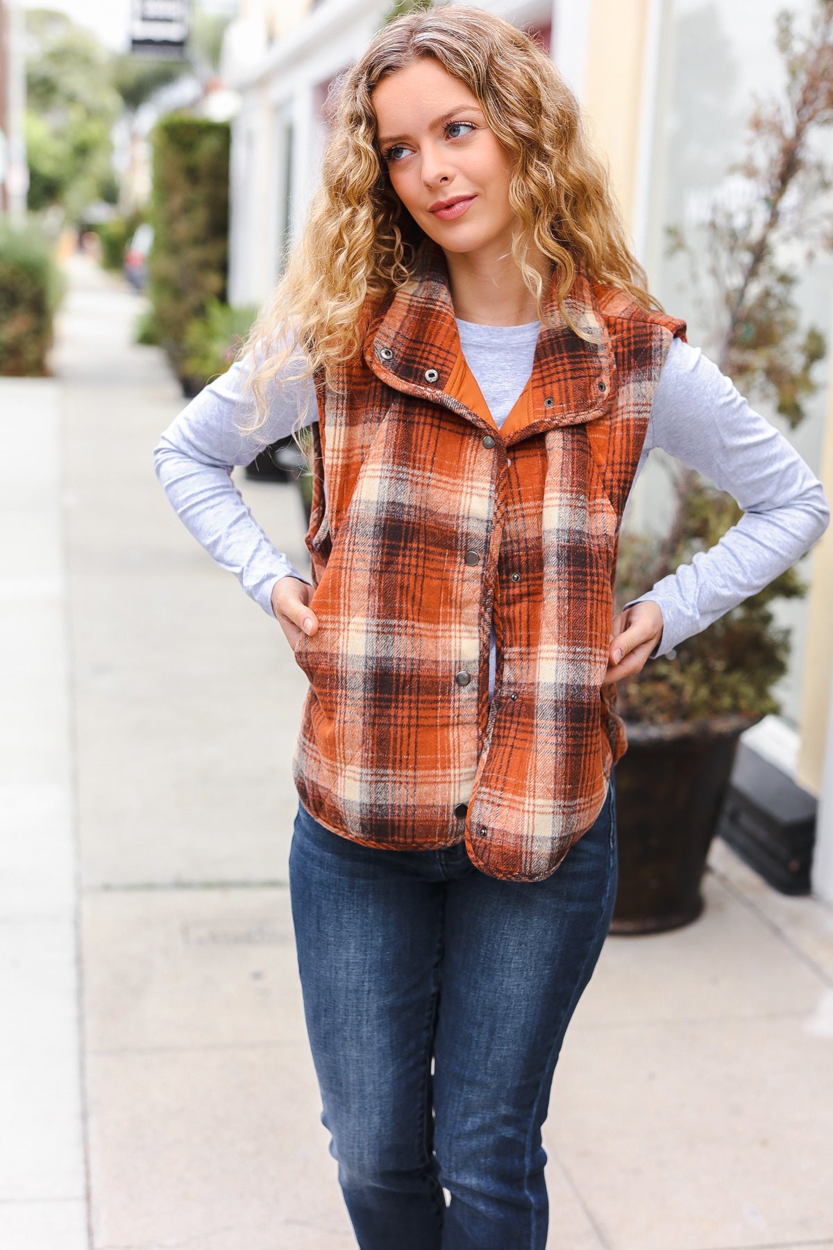 Haptics Rust Taupe Plaid Snap Button Quilted Puffer Vest