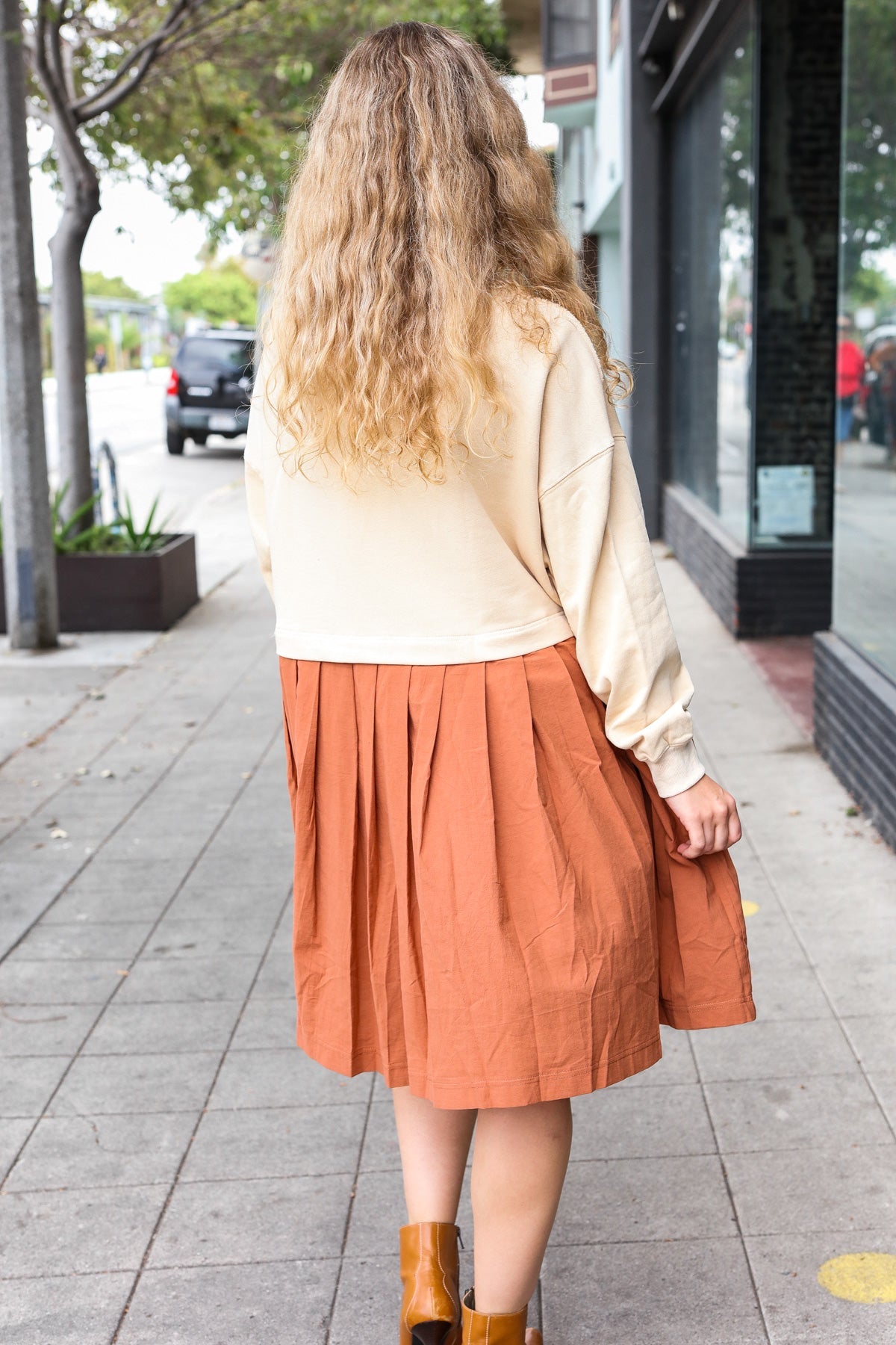 Haptics Cream & Rust Pleated Skirt French Terry Cotton Dress