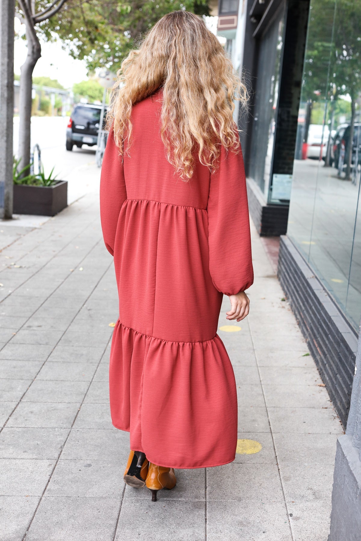 Haptics Spice Notched Neck Frill Hem Tiered Maxi Dress