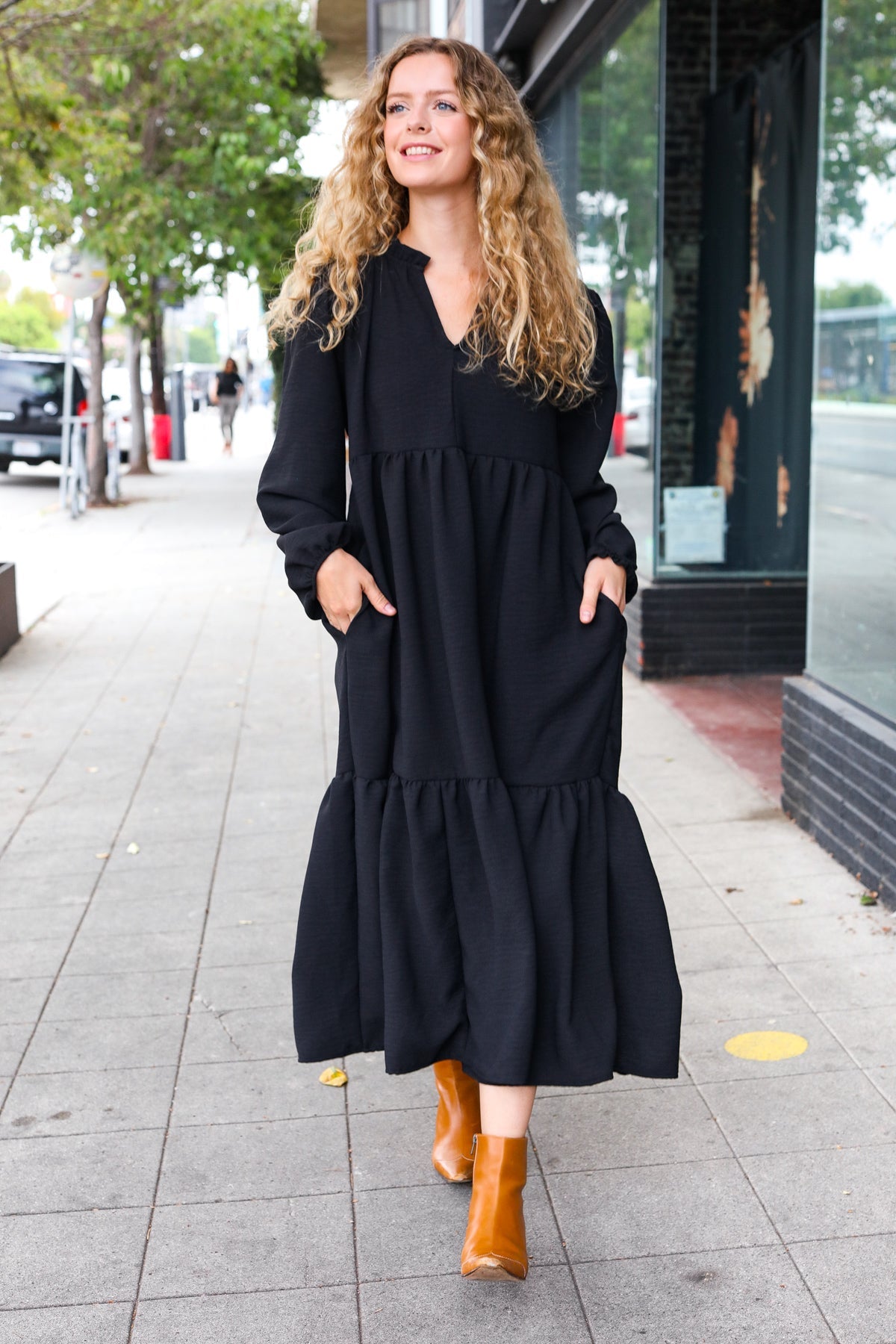 Haptics Black Notched Neck Frill Hem Tiered Maxi Dress