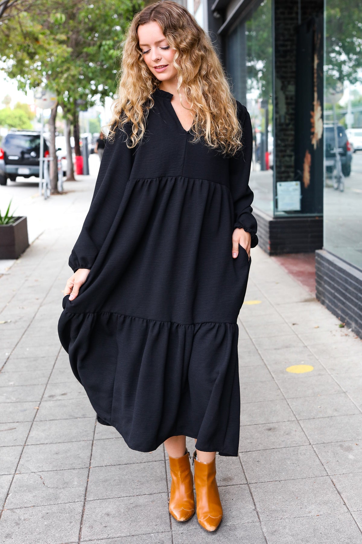 Haptics Black Notched Neck Frill Hem Tiered Maxi Dress