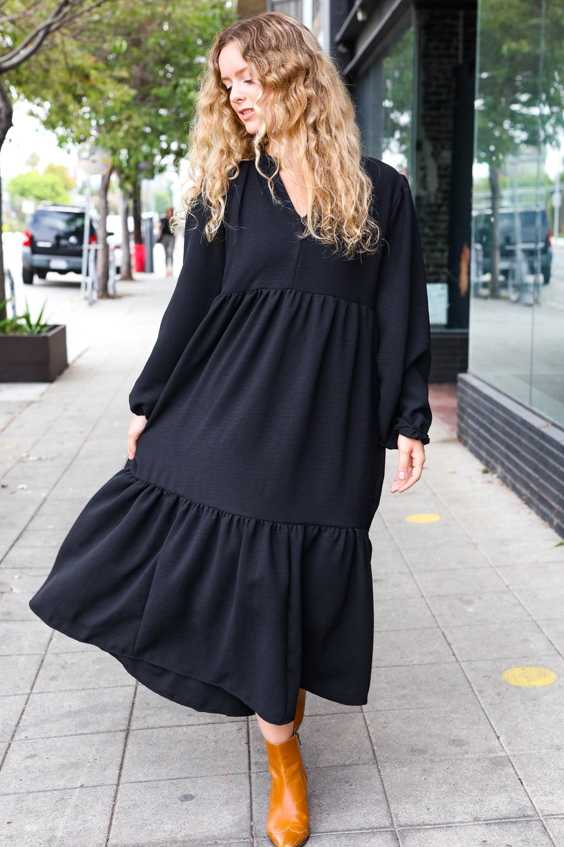 Haptics Black Notched Neck Frill Hem Tiered Maxi Dress