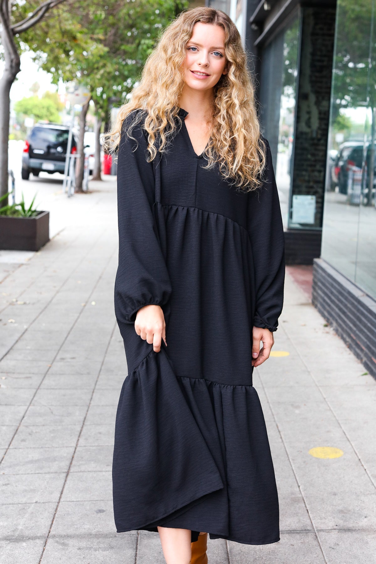 Haptics Black Notched Neck Frill Hem Tiered Maxi Dress