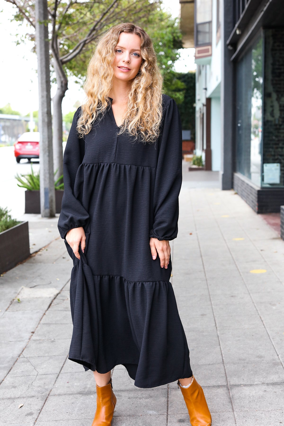 Haptics Black Notched Neck Frill Hem Tiered Maxi Dress