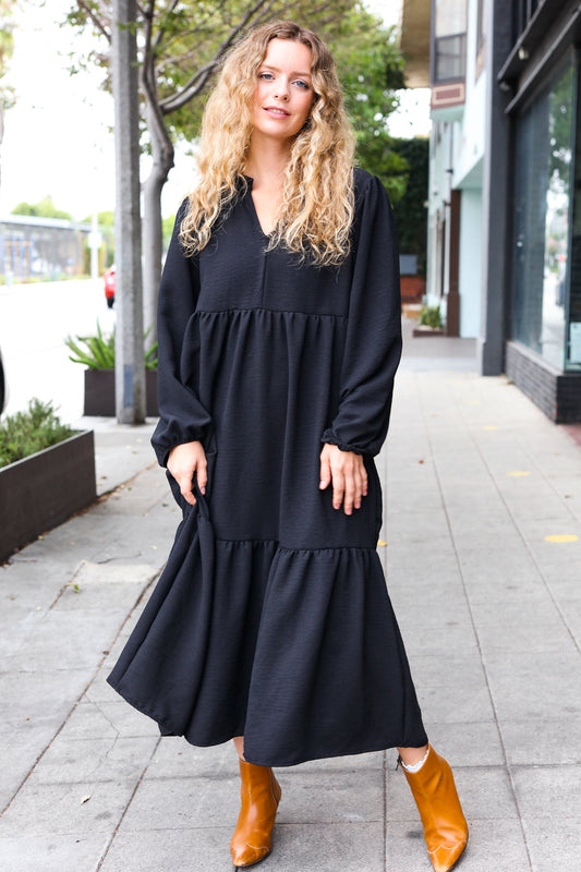 Haptics Black Notched Neck Frill Hem Tiered Maxi Dress