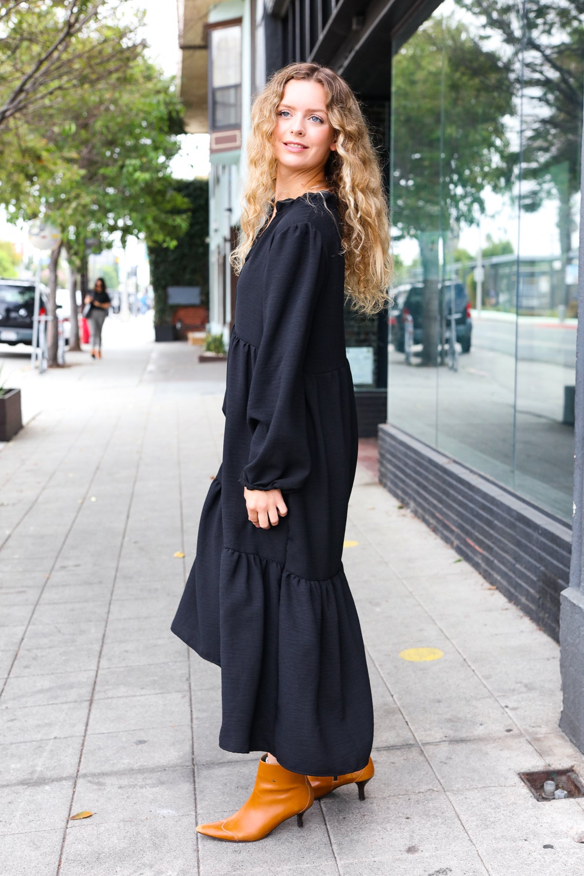 Haptics Black Notched Neck Frill Hem Tiered Maxi Dress