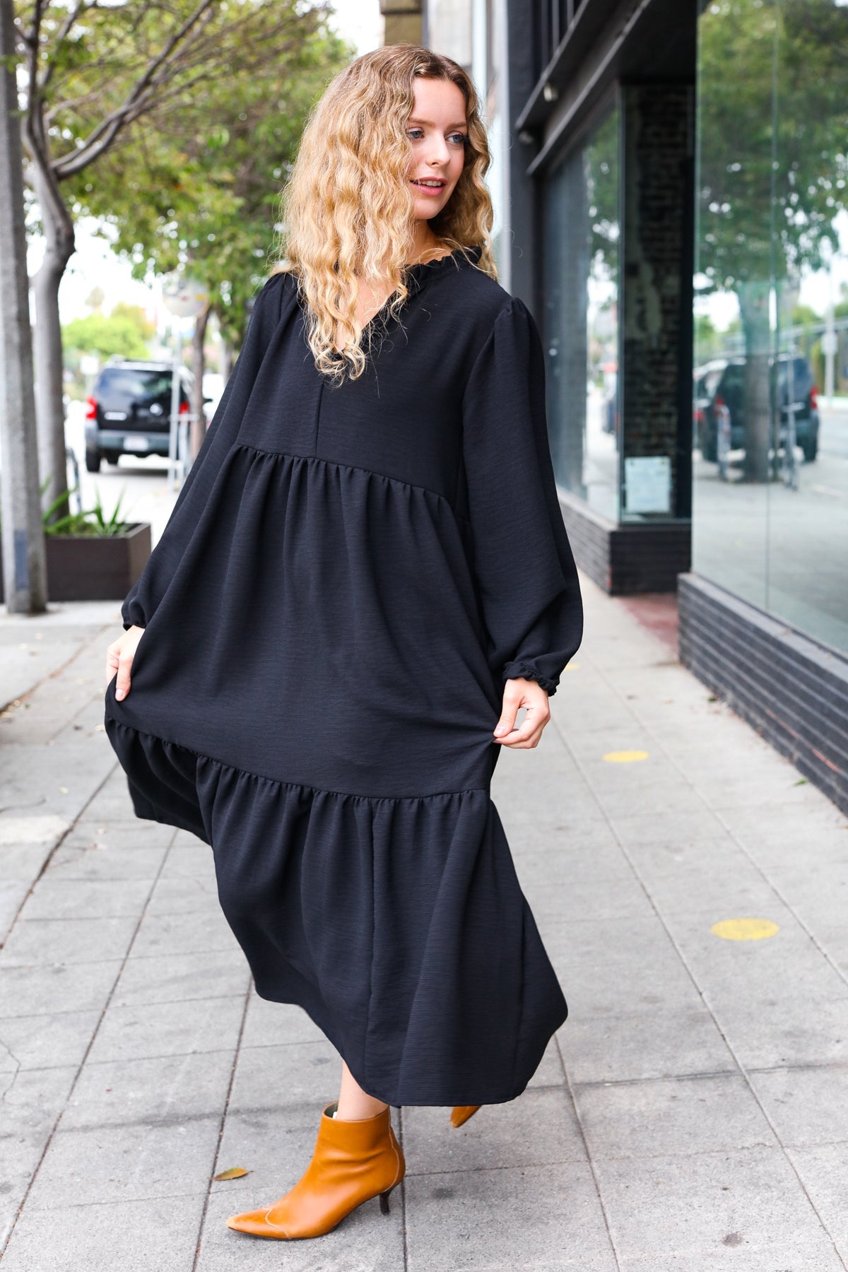 Haptics Black Notched Neck Frill Hem Tiered Maxi Dress