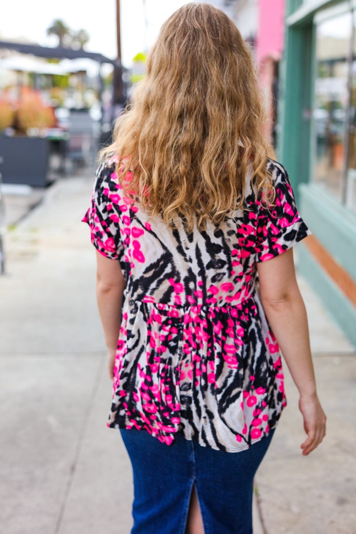 Hayzel Pink Animal Print Babydoll V Neck Top