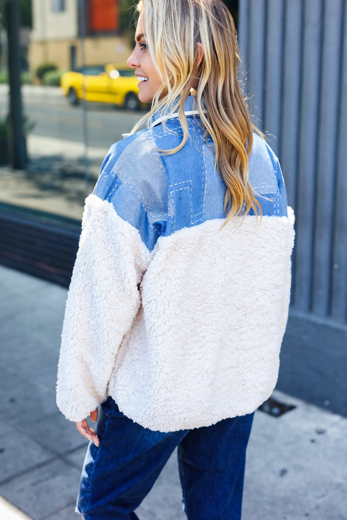 Denim & Ivory Patchwork Sherpa Half Zip Pullover