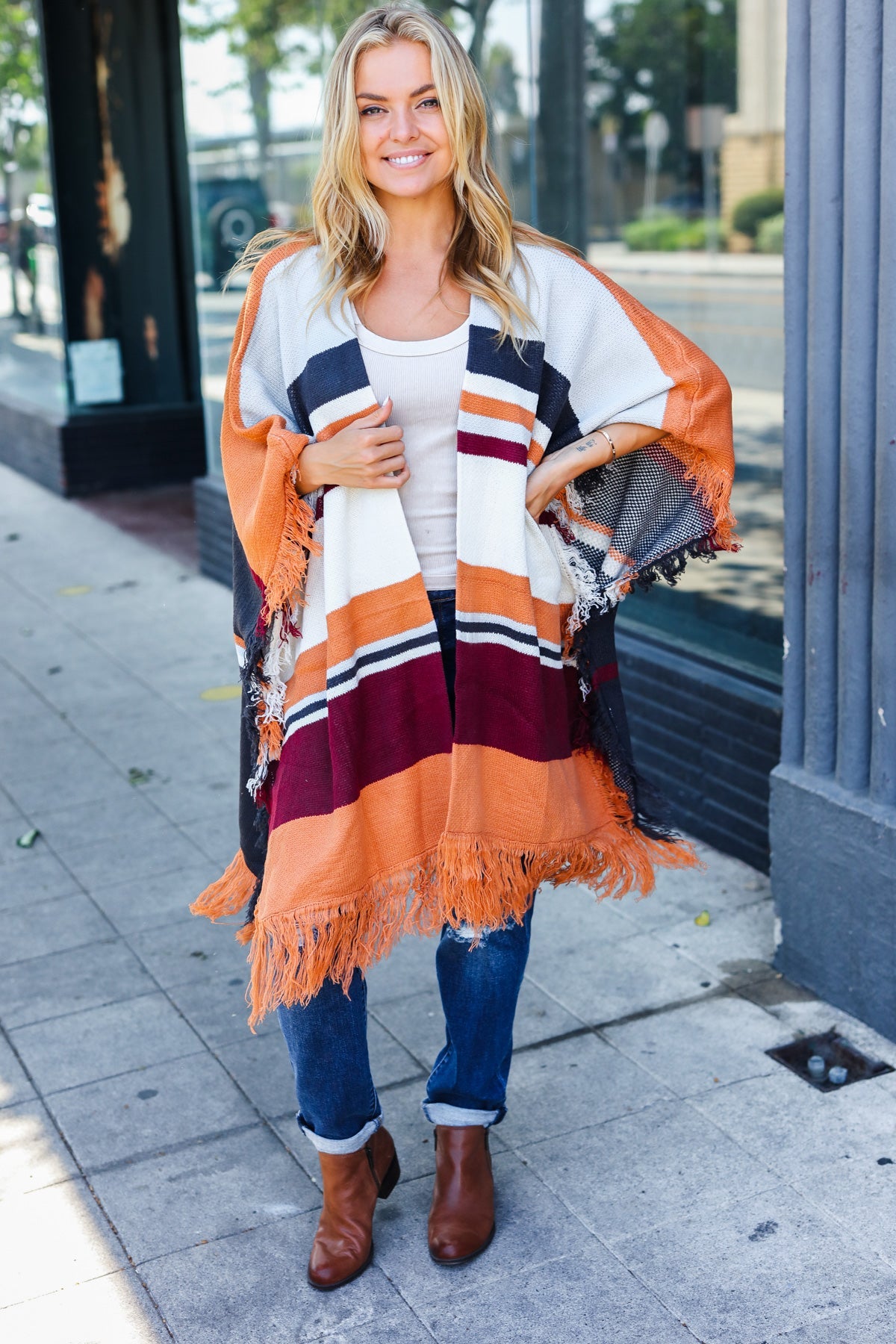 Haptics Rust Multicolor Stripe Tassel Fringe Open Poncho