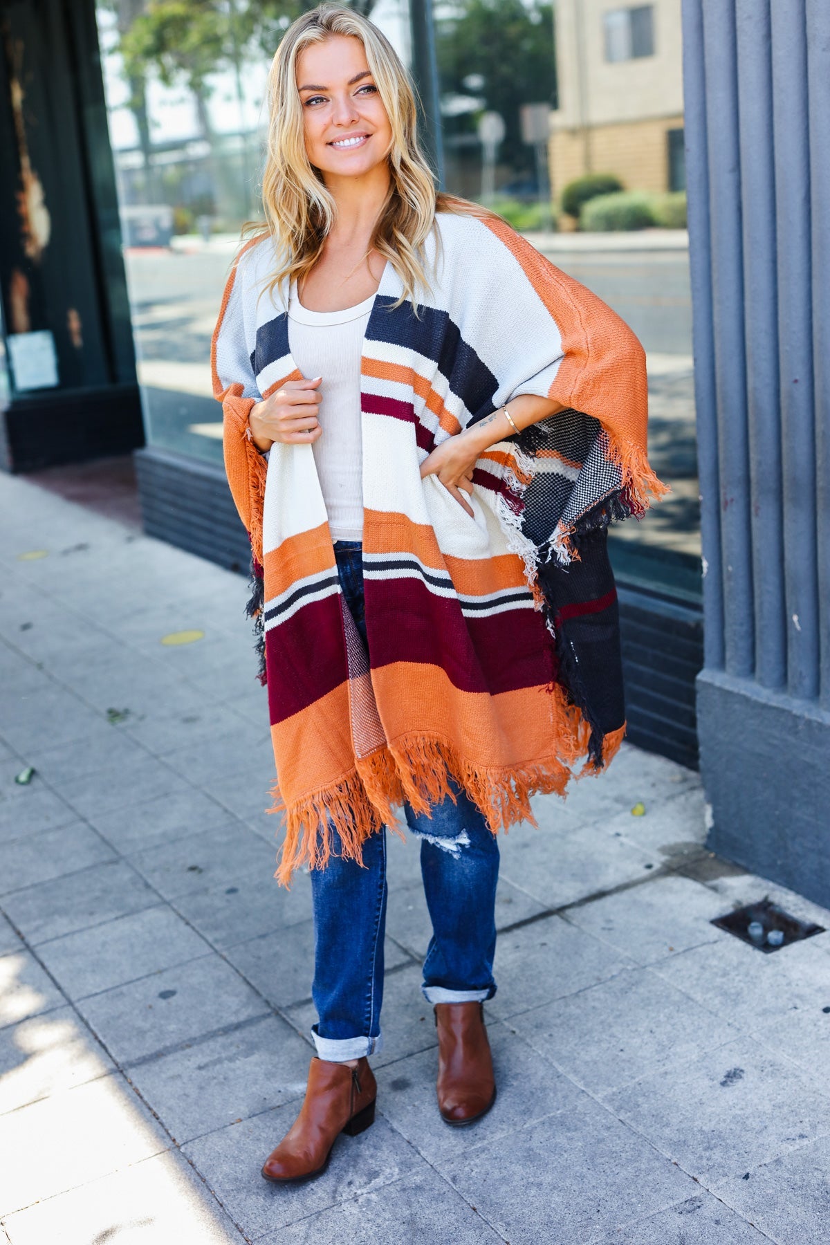 Haptics Rust Multicolor Stripe Tassel Fringe Open Poncho