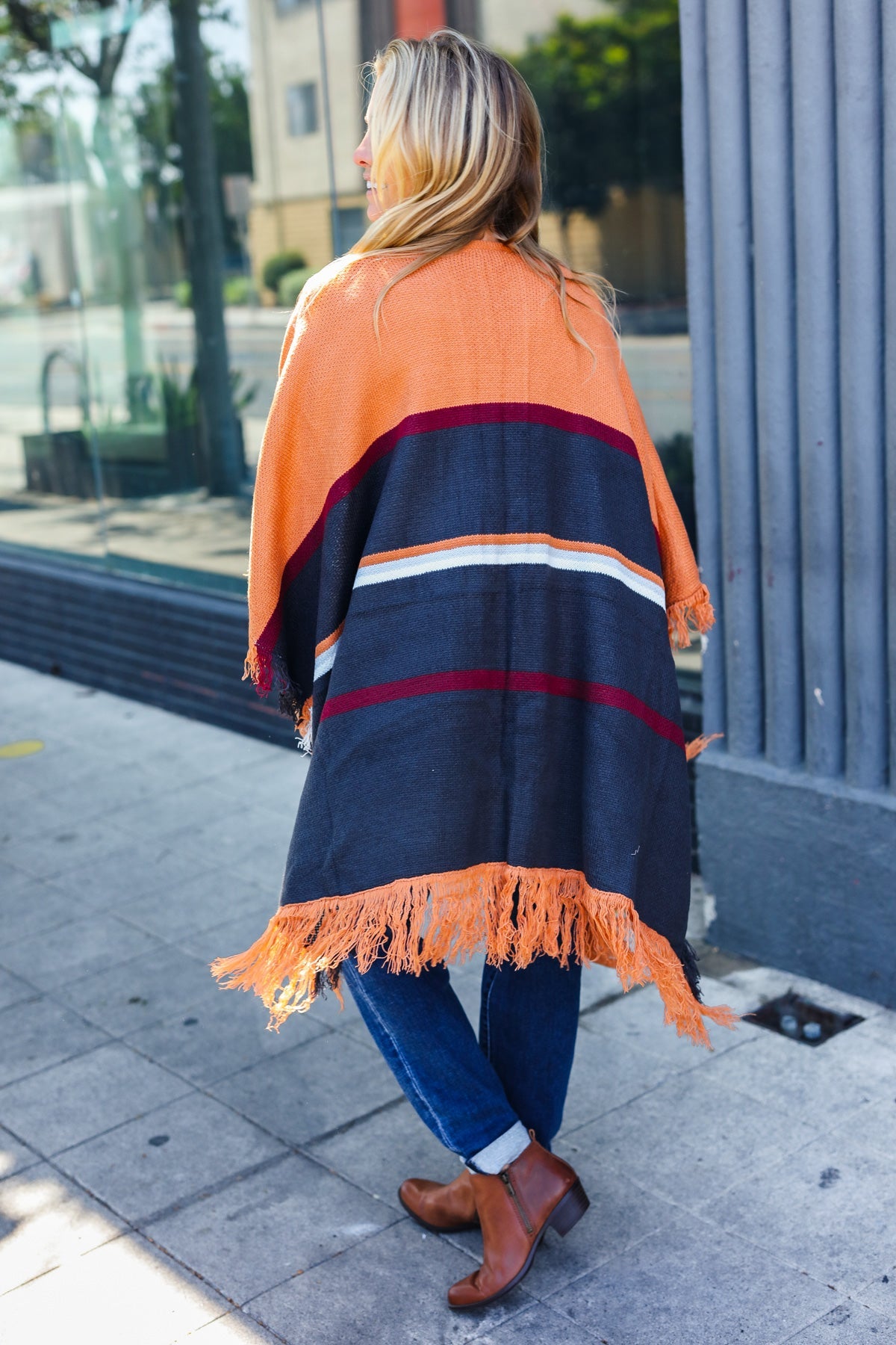 Haptics Rust Multicolor Stripe Tassel Fringe Open Poncho