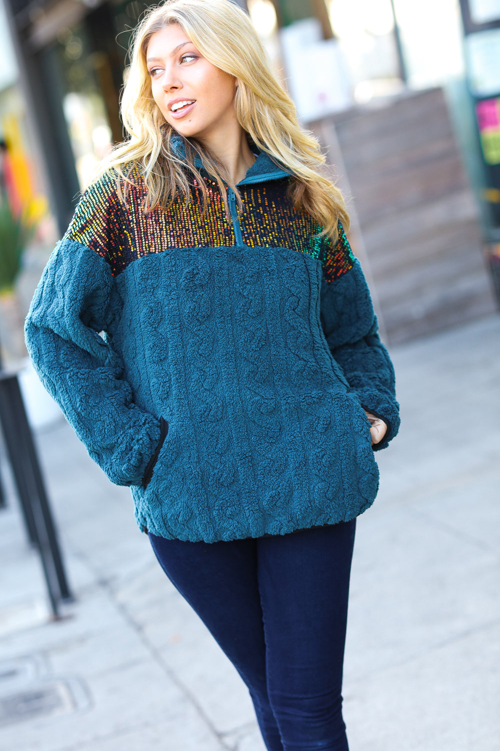 Teal Sequin & Sherpa Half Zip Pullover