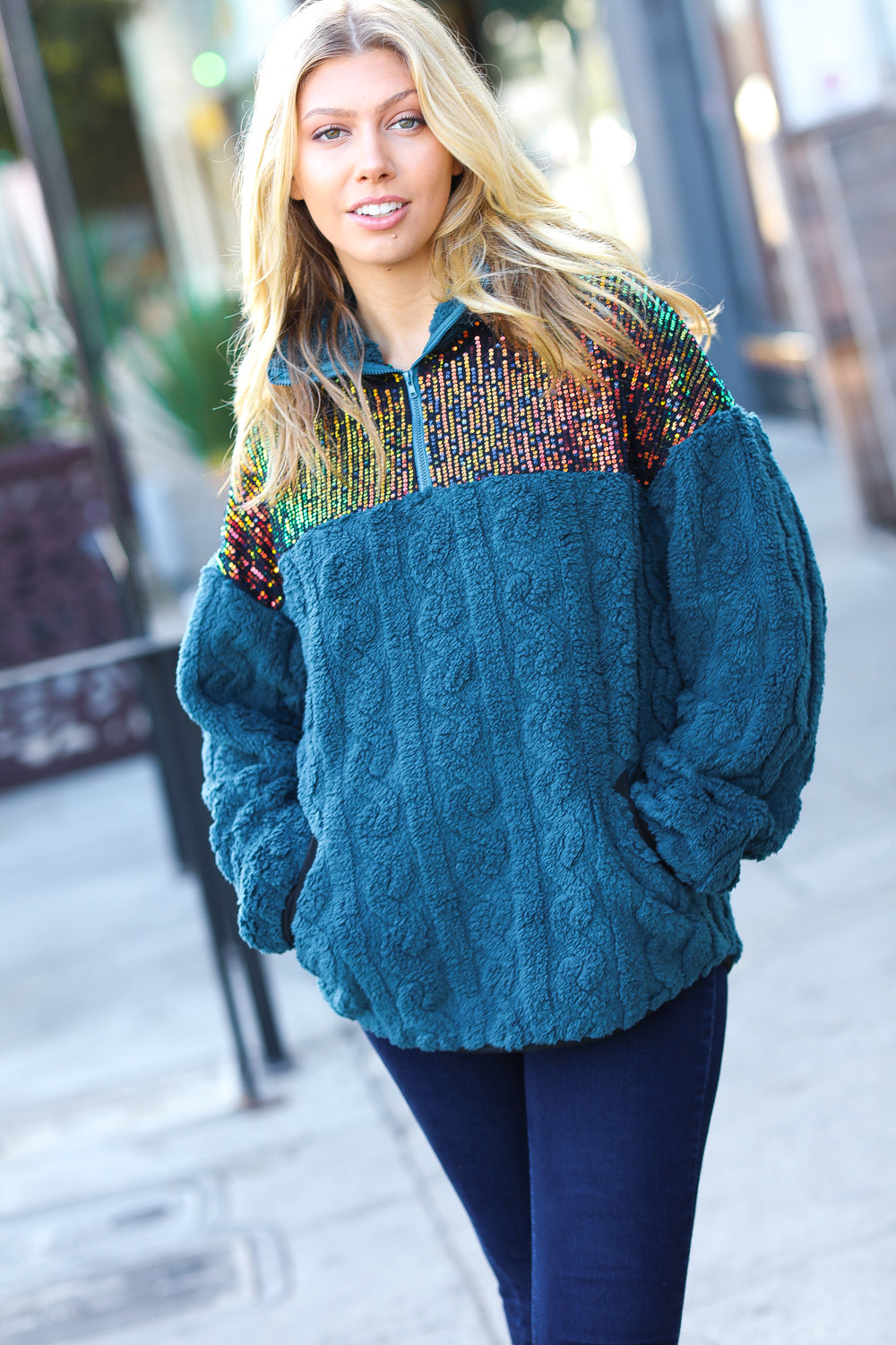 Teal Sequin & Sherpa Half Zip Pullover