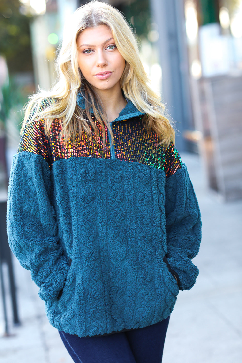 Teal Sequin & Sherpa Half Zip Pullover