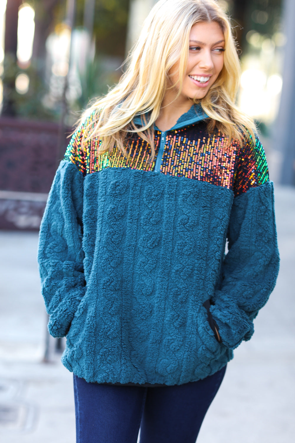 Teal Sequin & Sherpa Half Zip Pullover