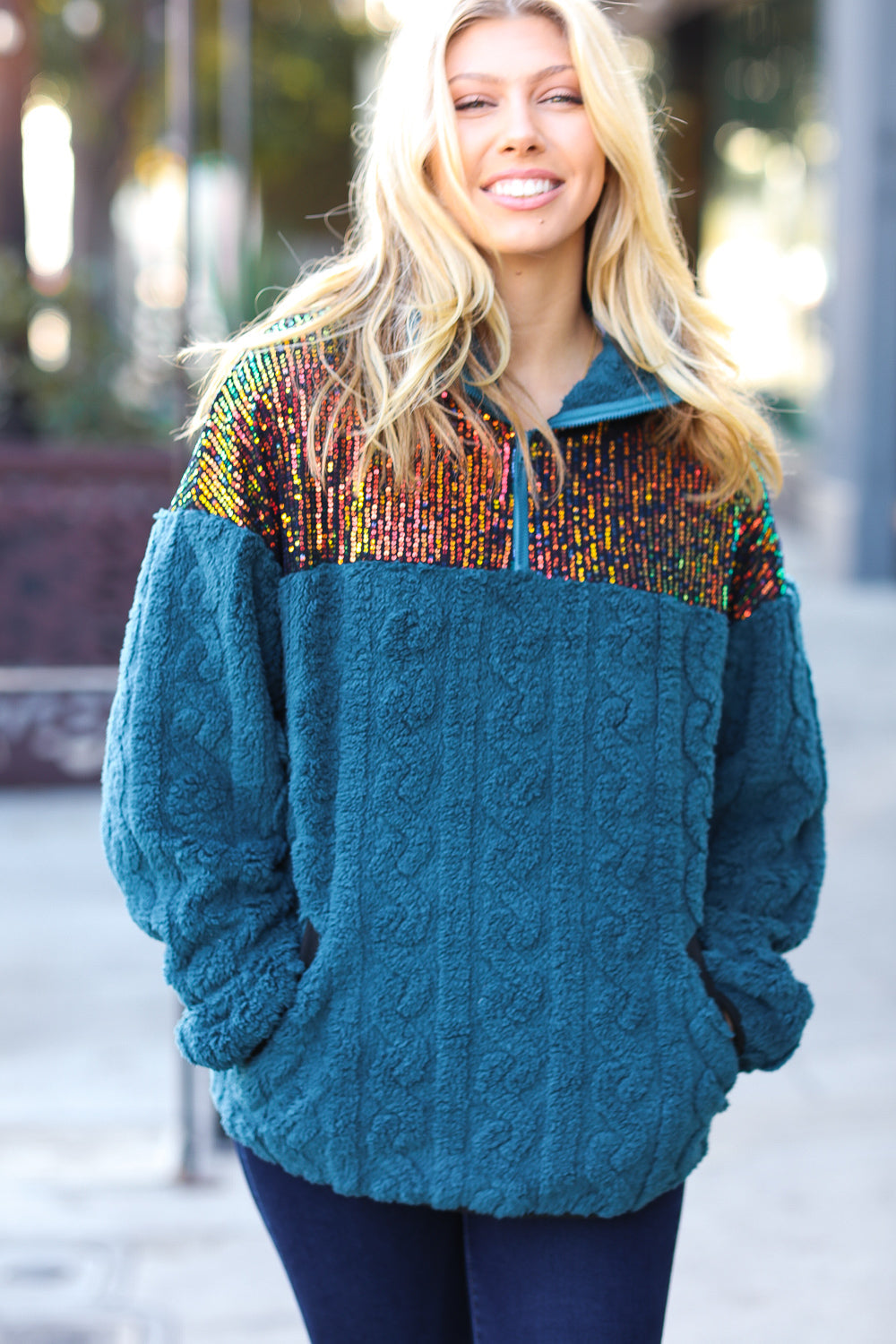 Teal Sequin & Sherpa Half Zip Pullover