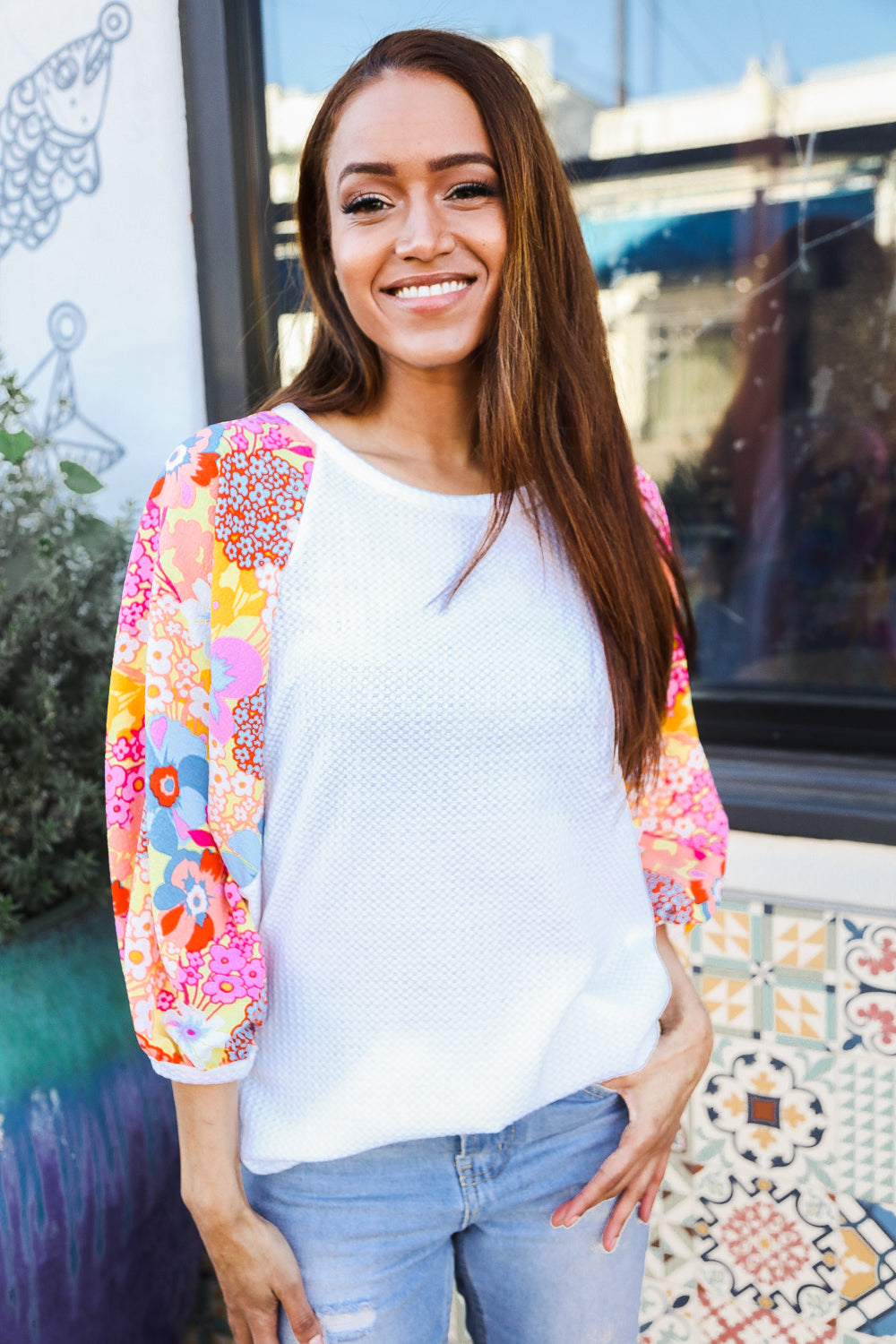 Ivory Textured Floral Bubble Sleeves Dolman Top