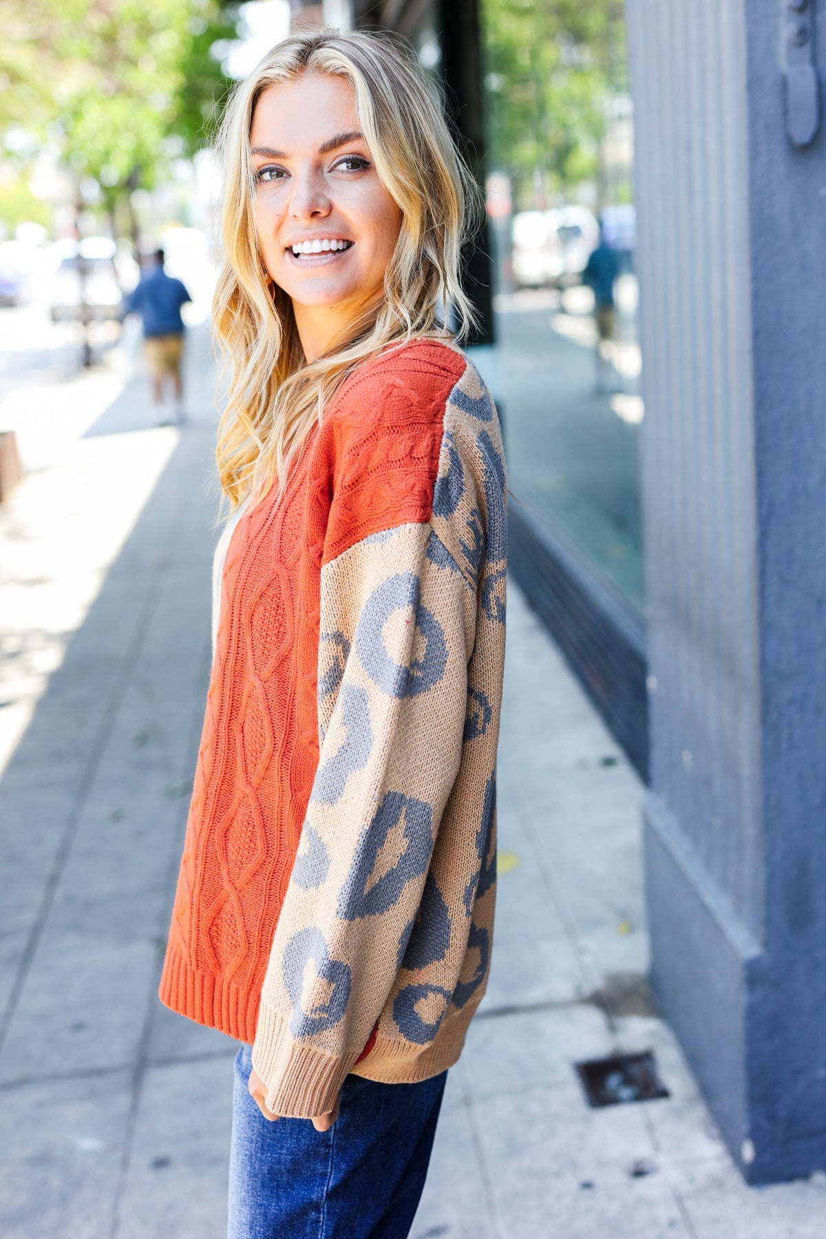 BiBi Rust & Taupe Animal Print Cable Knit Color Block Sweater