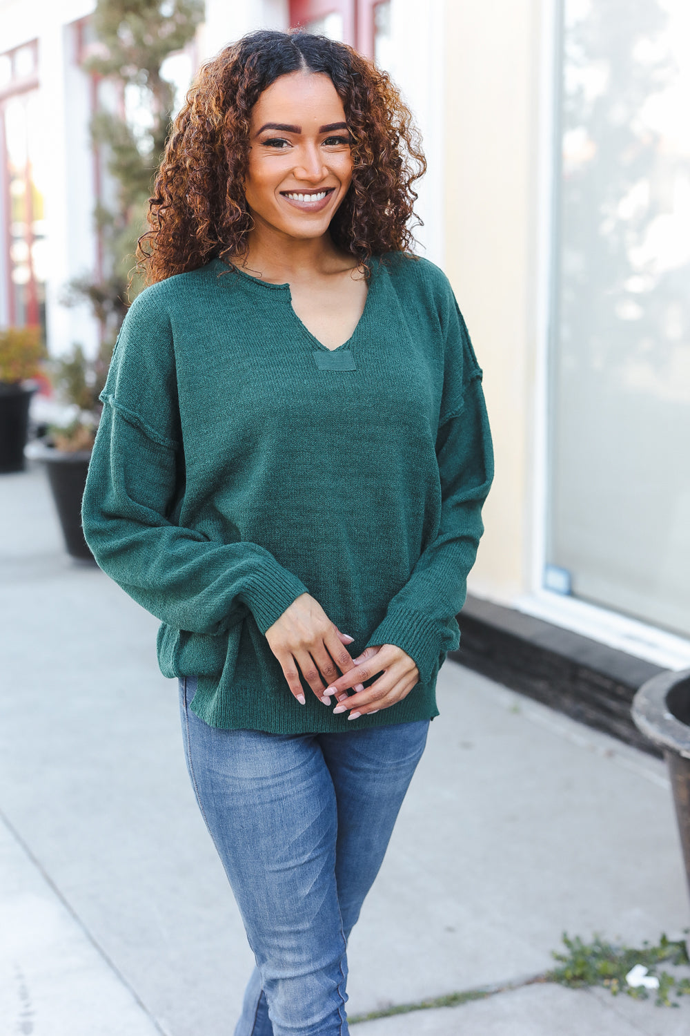 Hunter Green Notched Neck With Patch Oversized Sweater