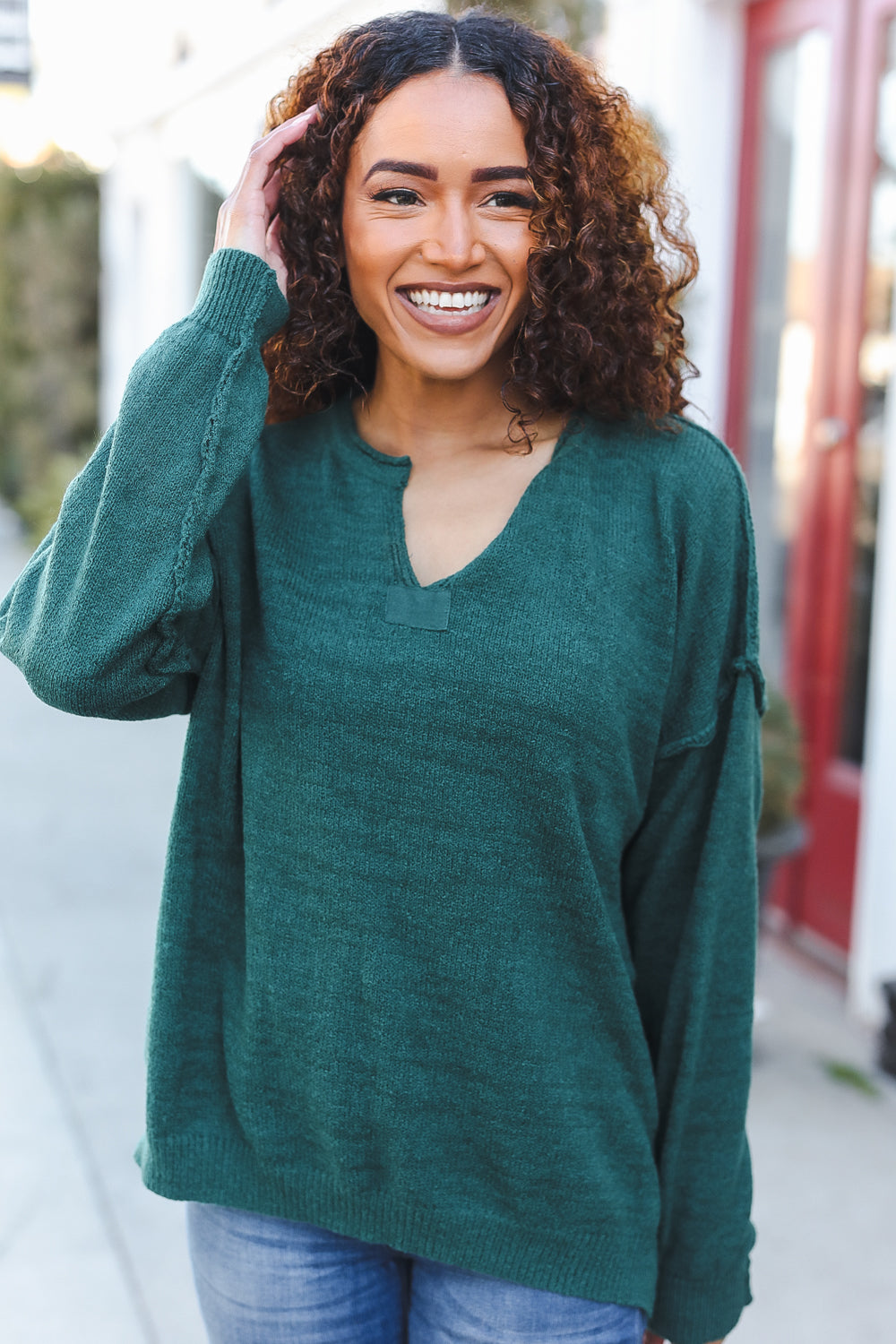 Hunter Green Notched Neck With Patch Oversized Sweater