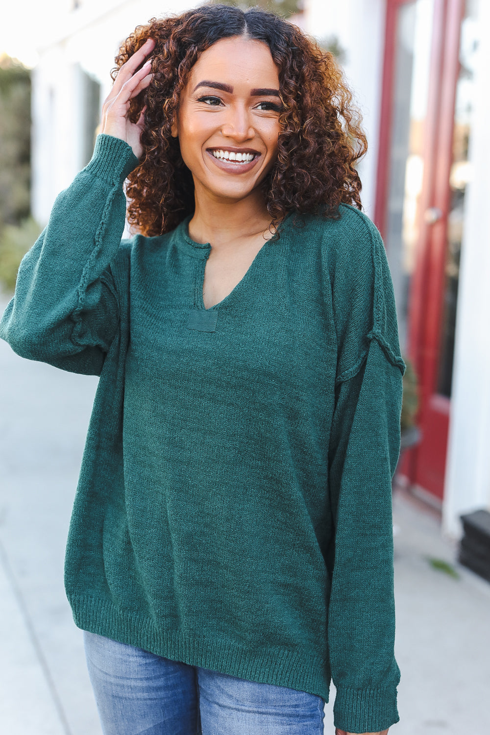 Hunter Green Notched Neck With Patch Oversized Sweater