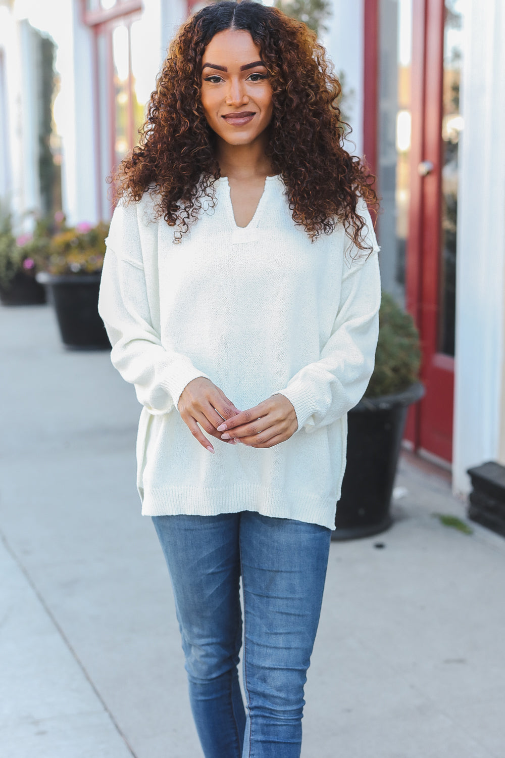 Ivory Notched Neck With Patch Oversized Sweater