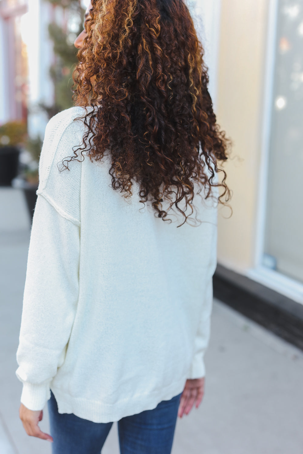 Ivory Notched Neck With Patch Oversized Sweater