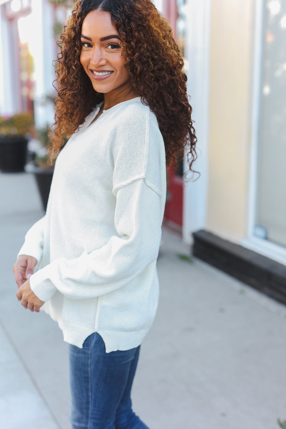 Ivory Notched Neck With Patch Oversized Sweater