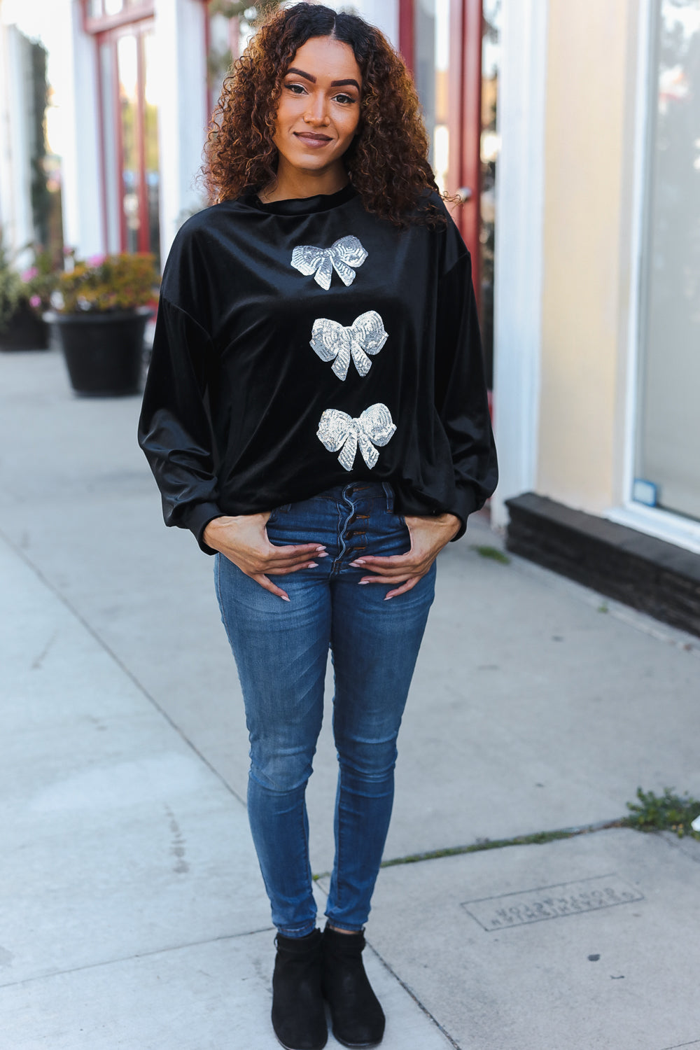 Silver Sequin Bow Velvet Pullover Top