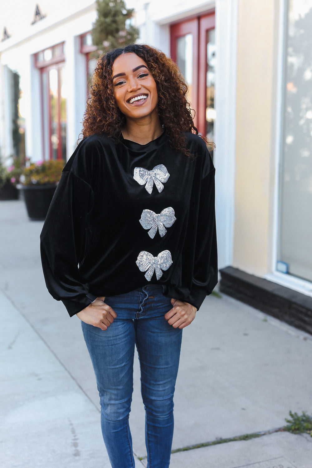 Silver Sequin Bow Velvet Pullover Top