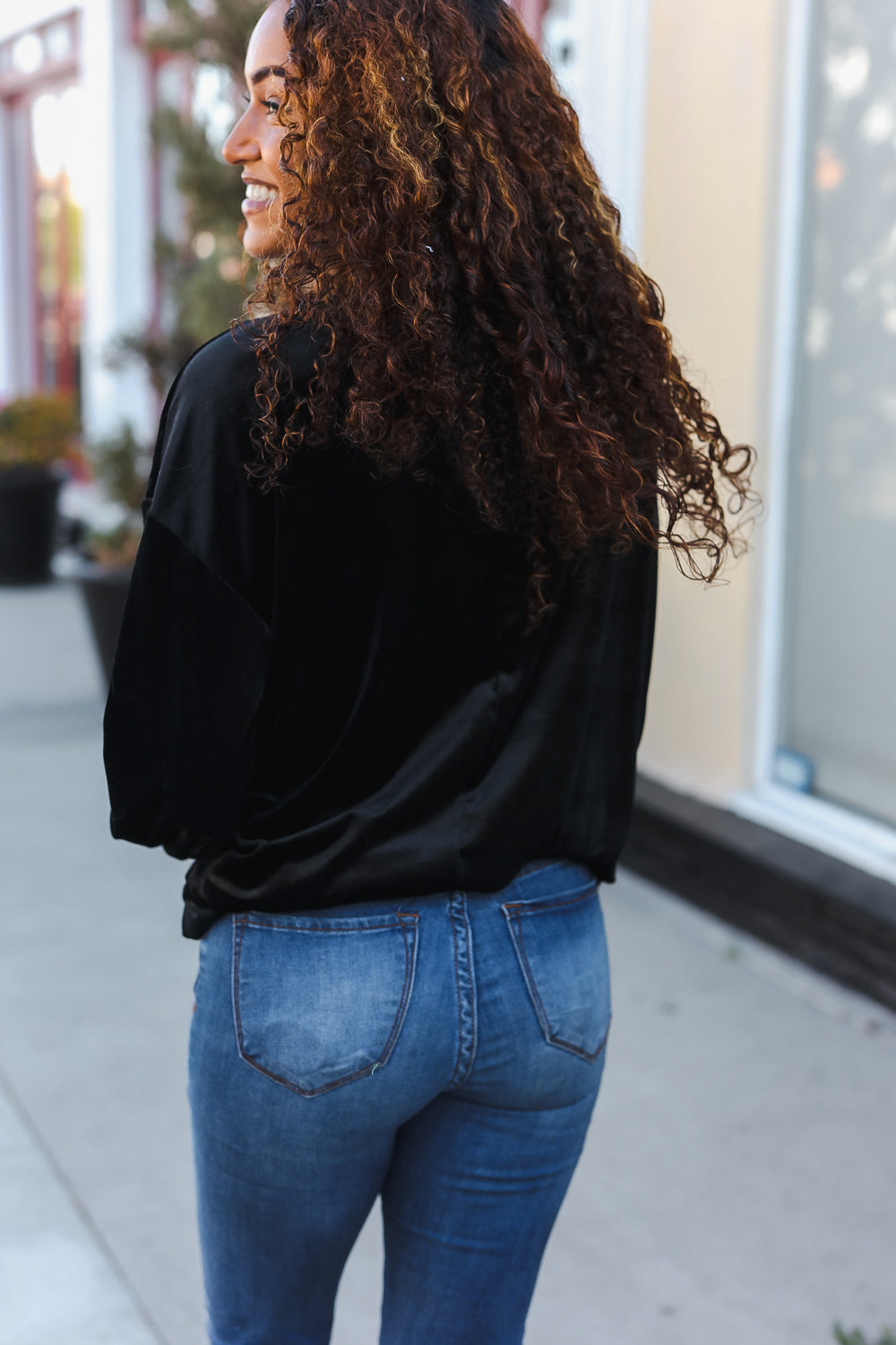 Silver Sequin Bow Velvet Pullover Top