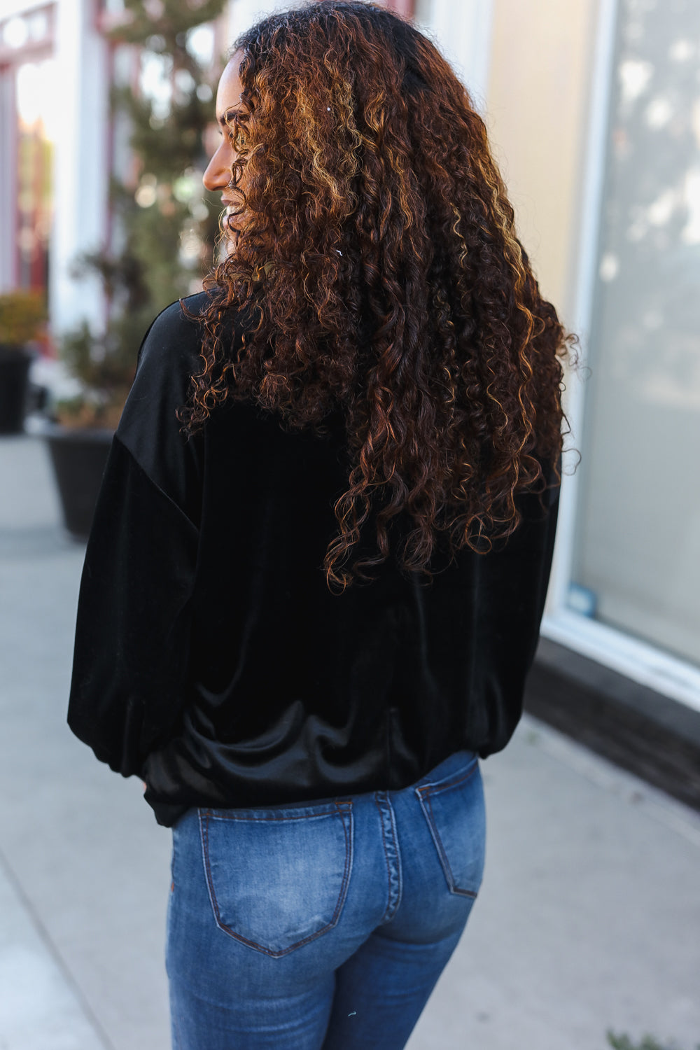 Silver Sequin Bow Velvet Pullover Top